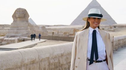 Melania Trump visits the ancient statue of Sphinx, with the body of a lion and a human head, at the historic site of Giza Pyramids in Giza, near Cairo, Egypt, Saturday, Oct. 6 (AP)