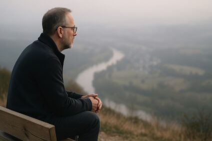 Man overlooking a valley in quiet contemplation
