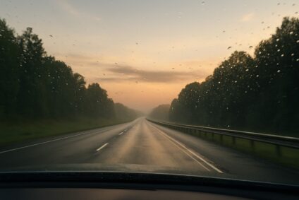 A quiet interstate at dawn seen through a lightly wet windshield, soft light on trees and sky.
