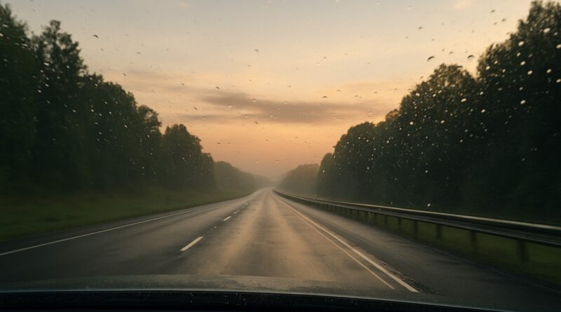 A quiet interstate at dawn seen through a lightly wet windshield, soft light on trees and sky.
