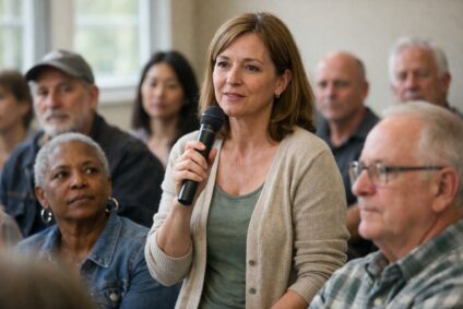 Person standing in audience with a microphone