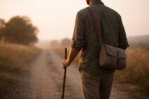 Man walking a road with a walking stick and small bag.
