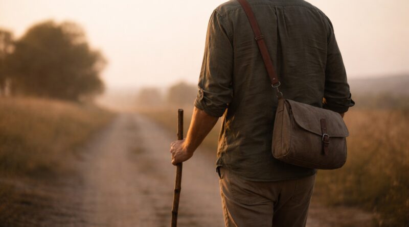 Man walking a road with a walking stick and small bag.