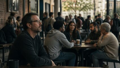 Person sitting contemplatively in a crowd.