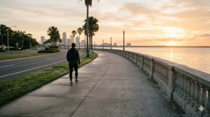 Man walking along the bay
