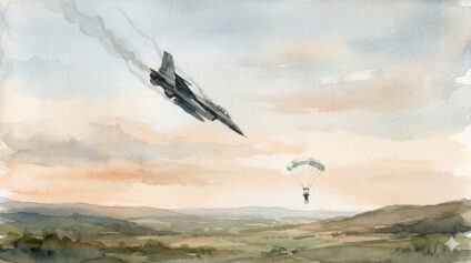 Watercolor image of pilot being shotdown